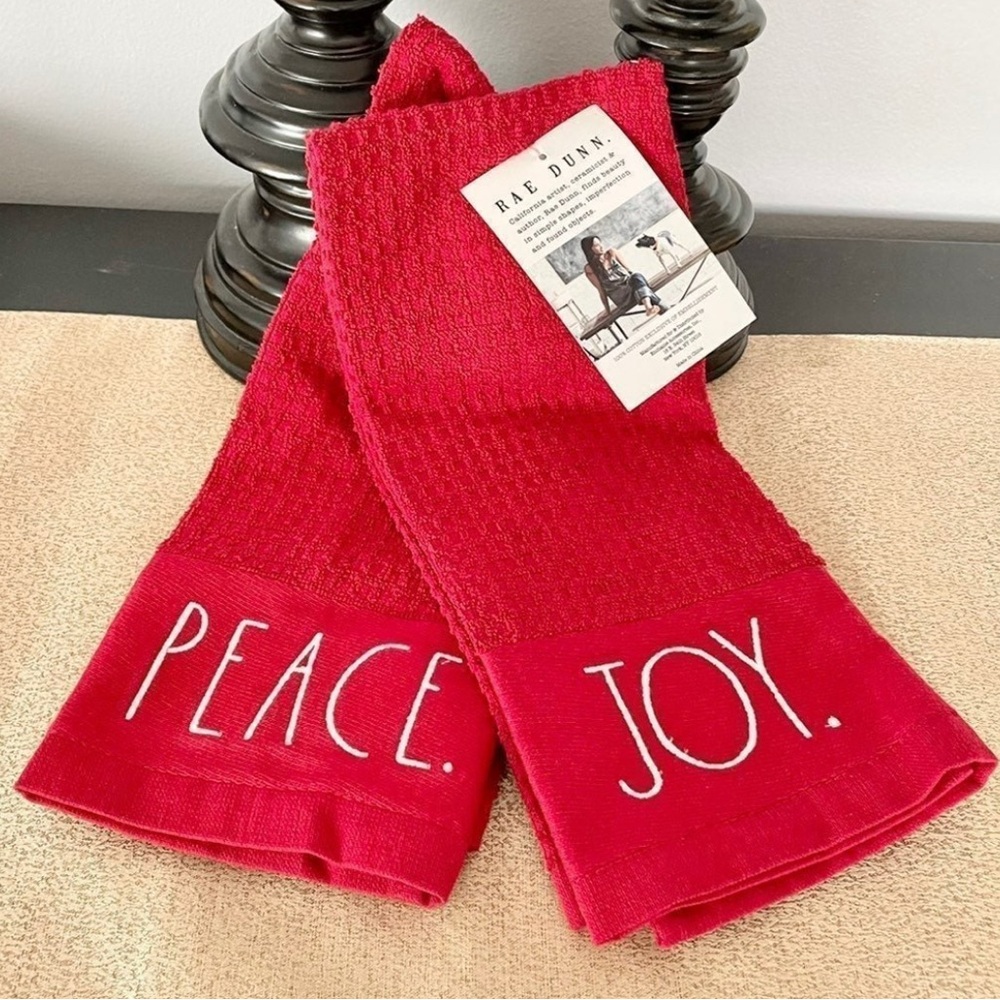 Rae Dunn Red Holiday Kitchen Towels - Peace and Joy